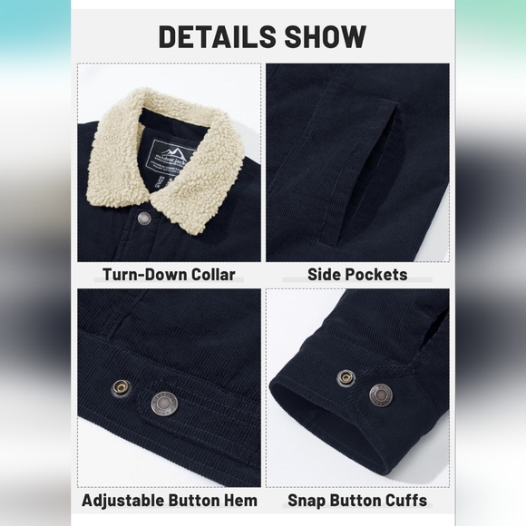 Tacvasen Mens Corduroy Jacket Fleece Sherpa Lined Navy Size Large - Picture 7 of 8